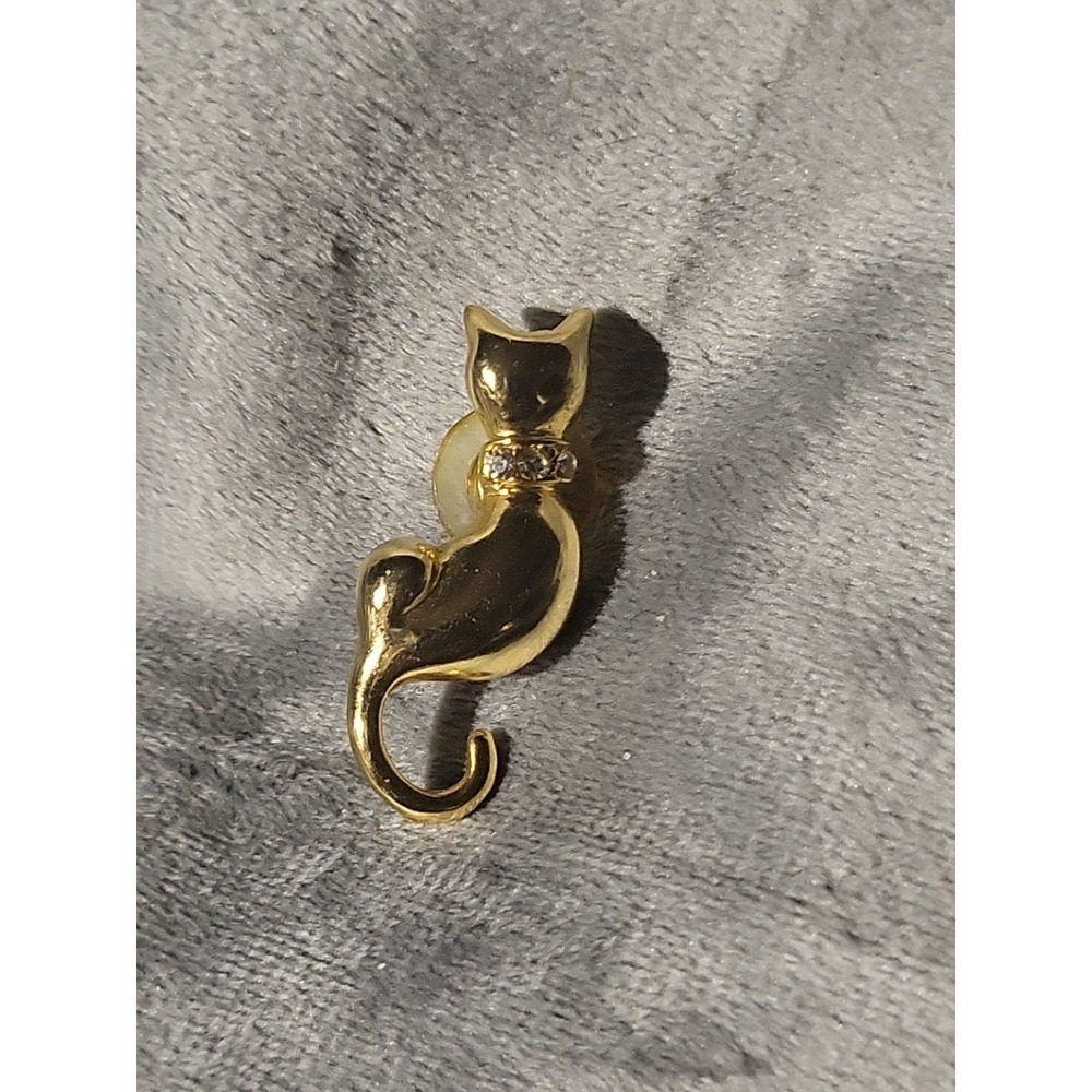 🐈 Classy Polished Gold-Tone Kitty Cat Profile With Rhinestone Collar Pin Brooch